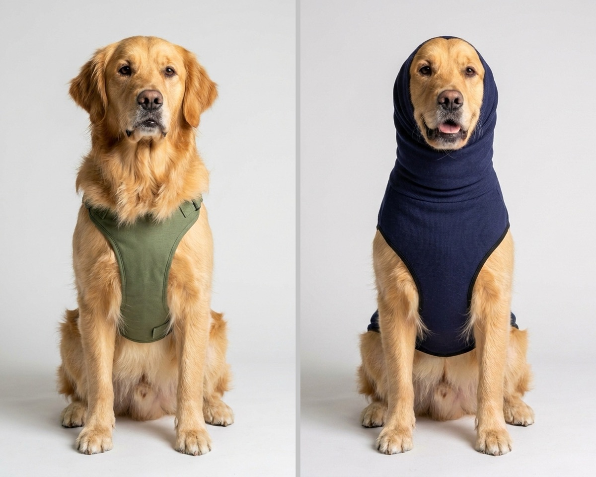 Left: a dog in an ordinary vest with ears exposed. Right: the same dog in The Aluna Wrap with the ear hood up.