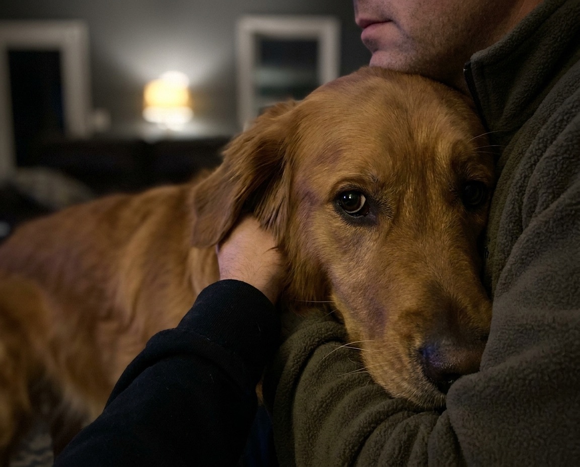 A golden retriever pressed against its owner in a dim, warm living room
