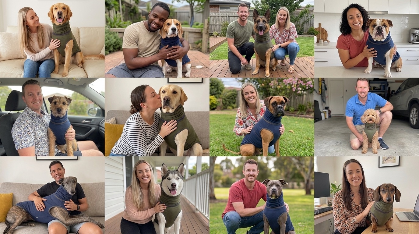 Happy Aluna Pets customers with their dogs wearing the Aluna Wrap